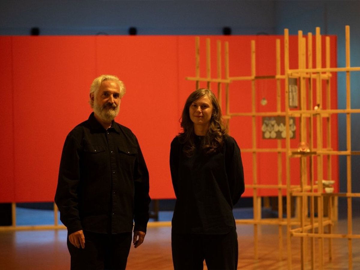 Philip Samartzis and Polly Stanton in front of Kirsten Haydon, 'Ice Scaffold Year', 2025, in 'Creative Antarctica: Australian Artists and Writers in the Far South, 2026, Design Hub Gallery