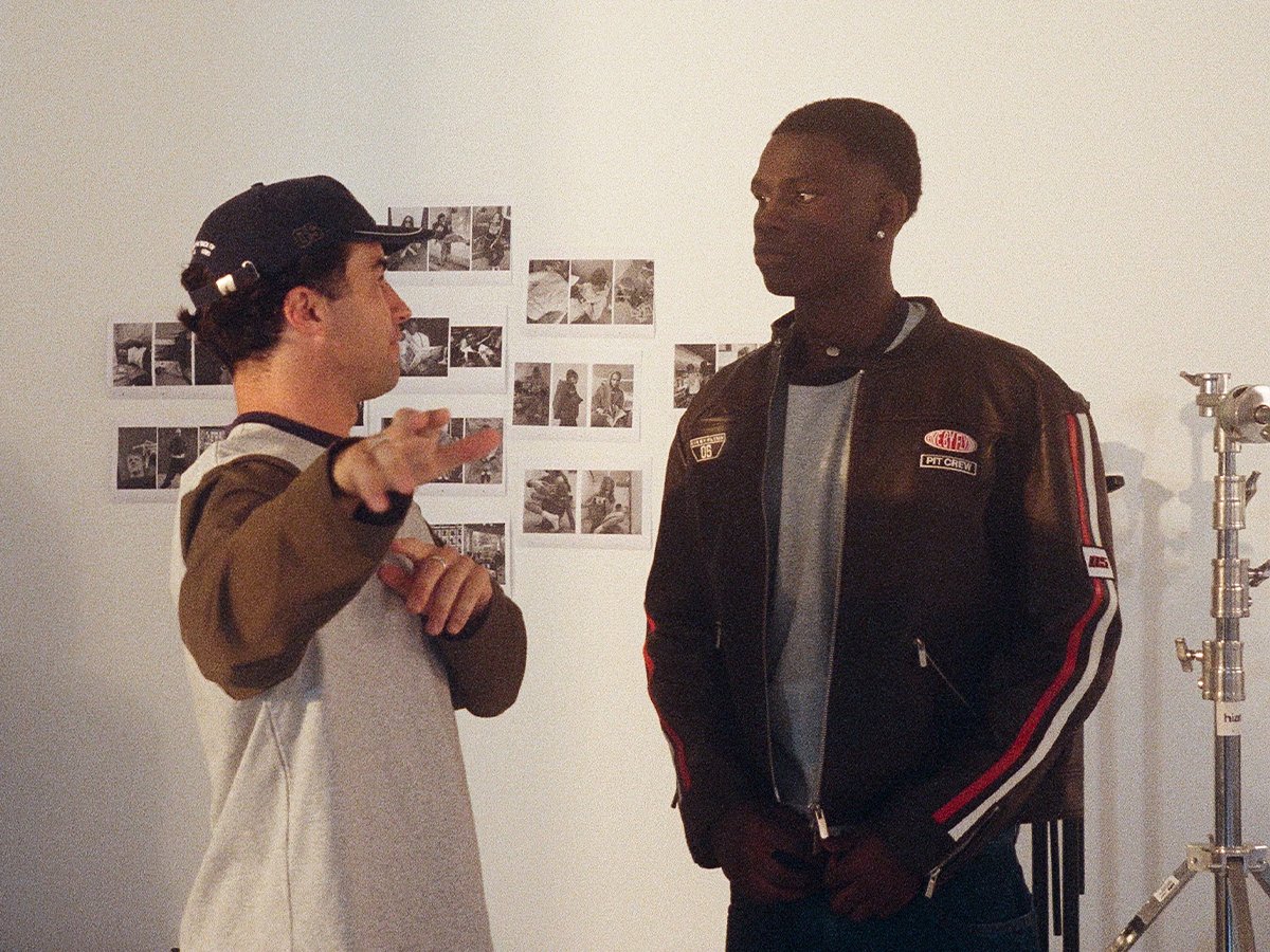 Five By Flynn founder Louis Collins (L) on the set of the new Red Bull Pit Lane campaign shoot